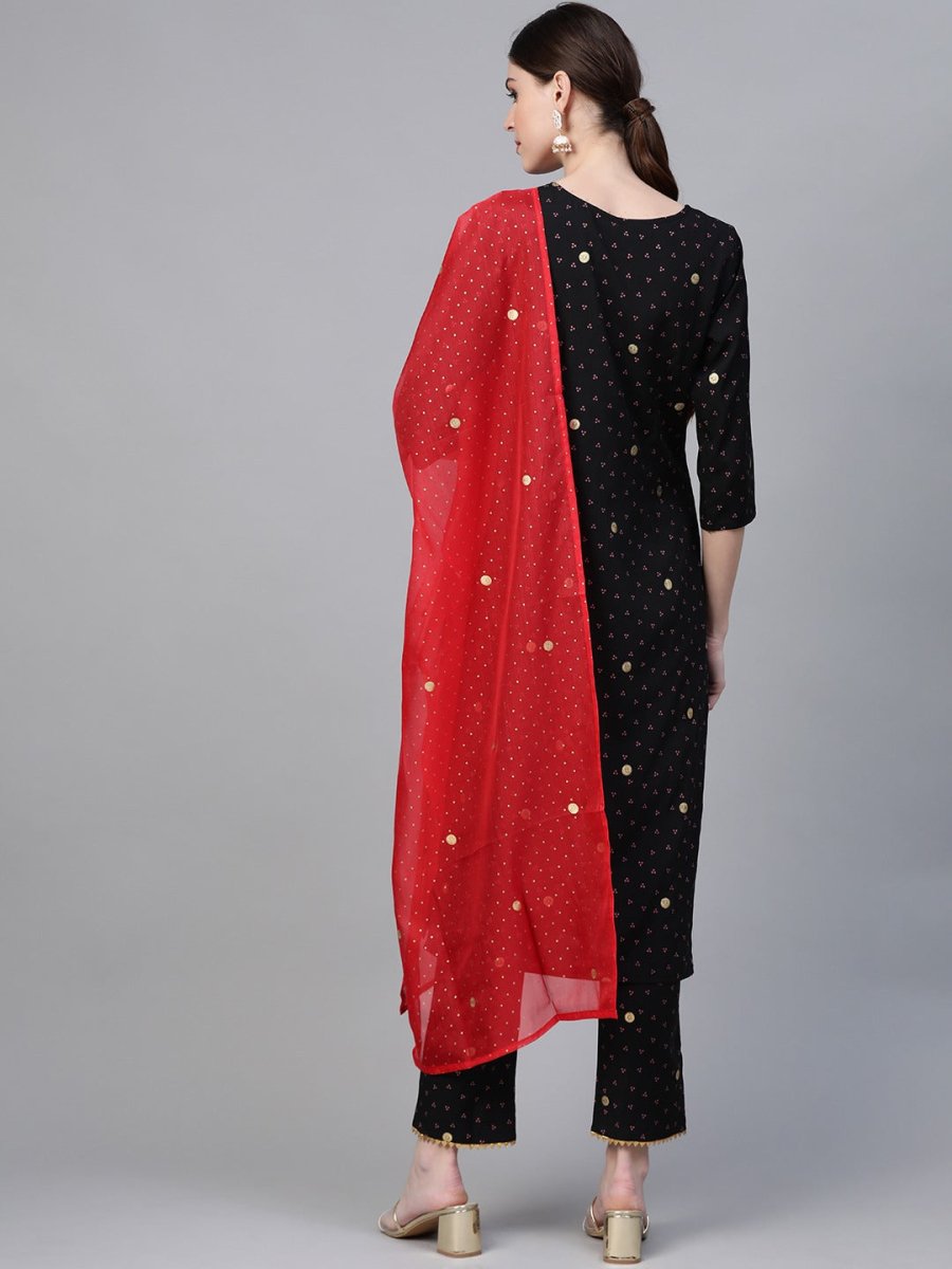 Ahalyaa Black & Pink Bandhani Khari Printed Kurta with Trousers & Dupatta | Swadesiicart