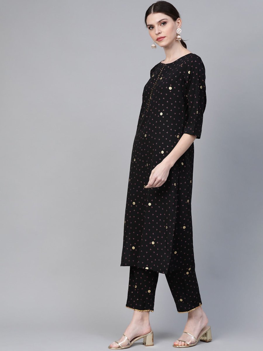 Ahalyaa Black & Pink Bandhani Khari Printed Kurta with Trousers & Dupatta | Swadesiicart