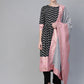 Ahalyaa Women Black & White Polka Dots Chevron Khari Printed Kurta with Trousers & Dupatta | Swadesiicart
