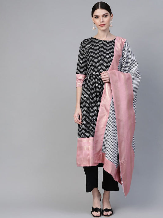 Ahalyaa Women Black & White Polka Dots Chevron Khari Printed Kurta with Trousers & Dupatta | Swadesiicart