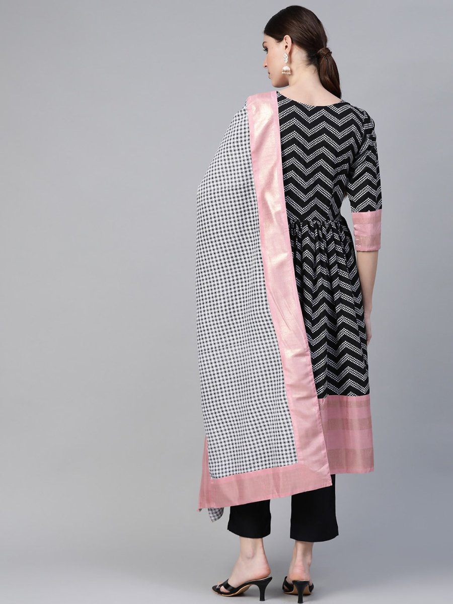 Ahalyaa Women Black & White Polka Dots Chevron Khari Printed Kurta with Trousers & Dupatta | Swadesiicart
