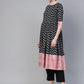 Ahalyaa Women Black & White Polka Dots Chevron Khari Printed Kurta with Trousers & Dupatta | Swadesiicart