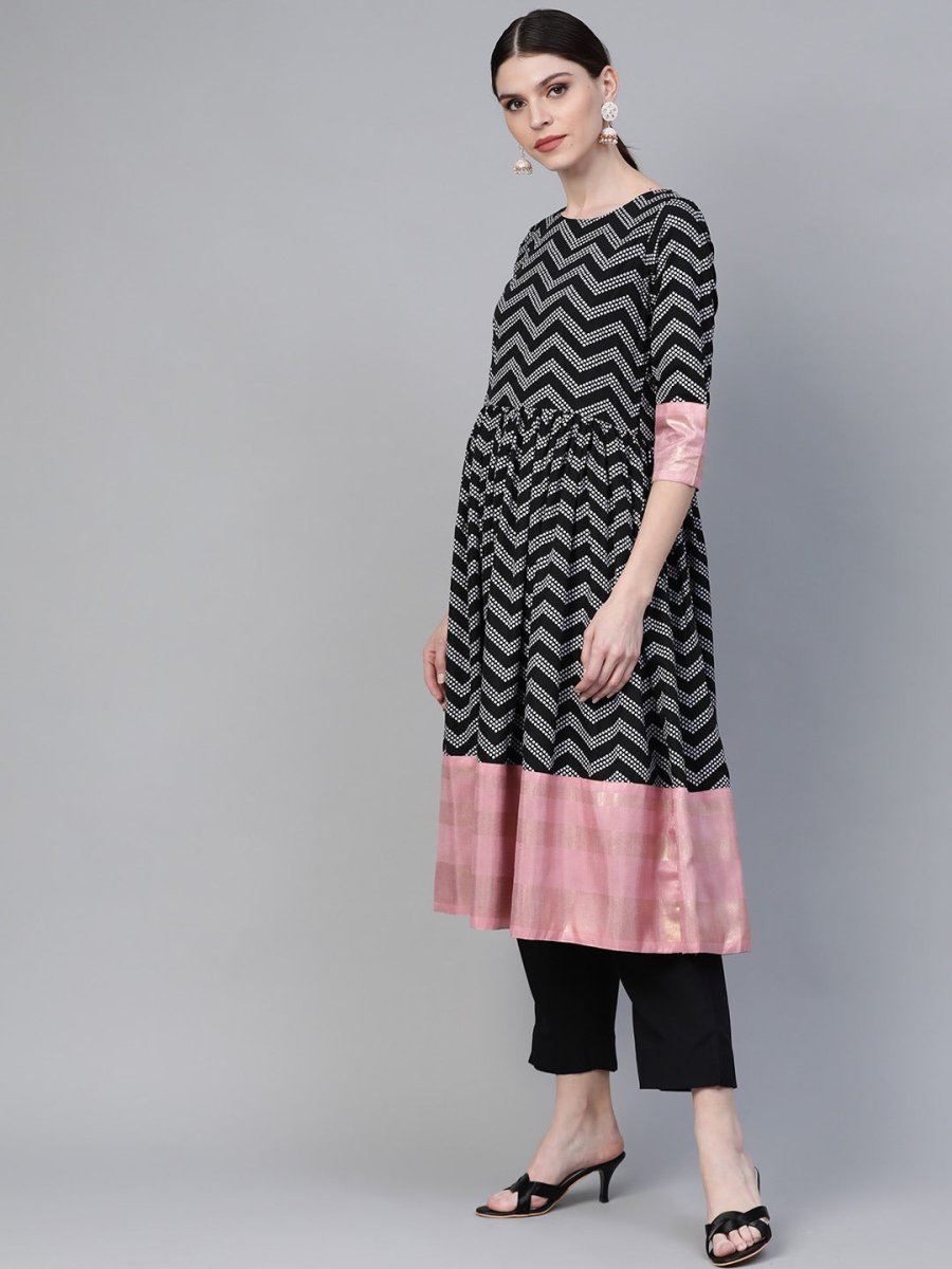 Ahalyaa Women Black & White Polka Dots Chevron Khari Printed Kurta with Trousers & Dupatta | Swadesiicart