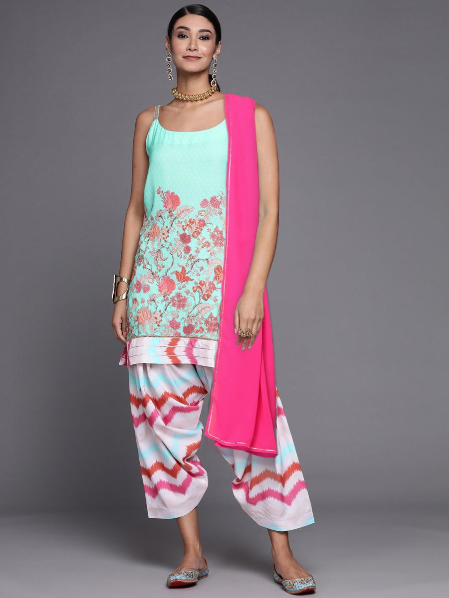 Ahalyaa Women Blue Floral Printed Kurta with Patiala & With Dupatta | Swadesiicart