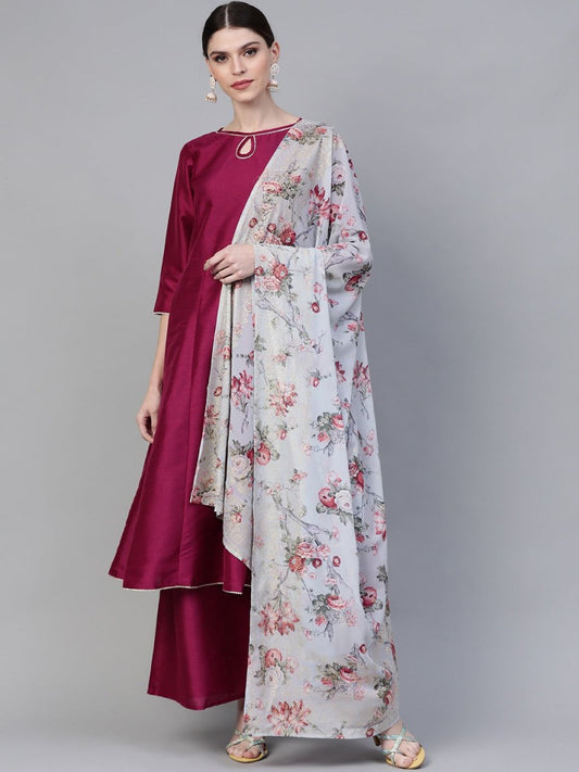 Ahalyaa Magenta & Grey Solid Anarkali Kurta with Palazzos & Floral Dupatta | Swadesiicart