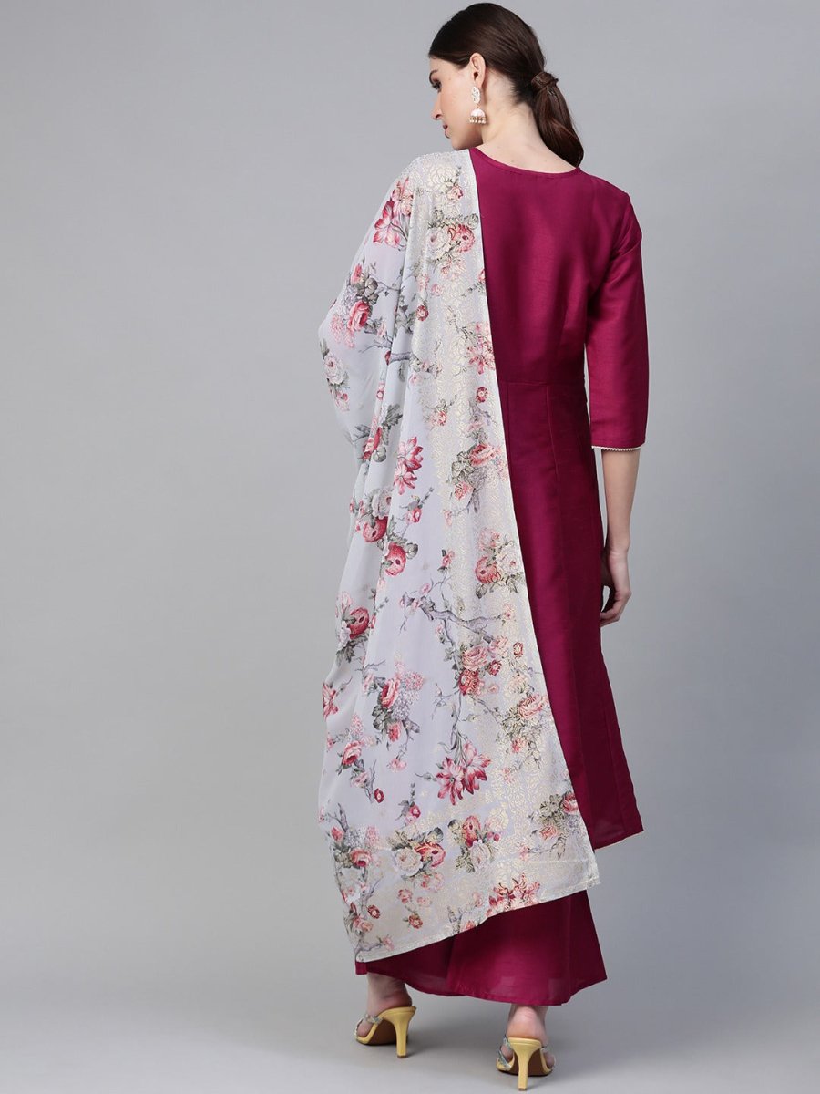 Ahalyaa Magenta & Grey Solid Anarkali Kurta with Palazzos & Floral Dupatta | Swadesiicart