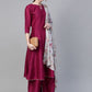 Ahalyaa Magenta & Grey Solid Anarkali Kurta with Palazzos & Floral Dupatta | Swadesiicart