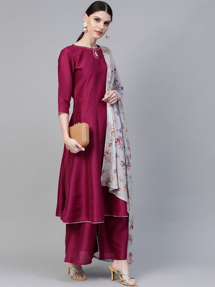 Ahalyaa Magenta & Grey Solid Anarkali Kurta with Palazzos & Floral Dupatta | Swadesiicart