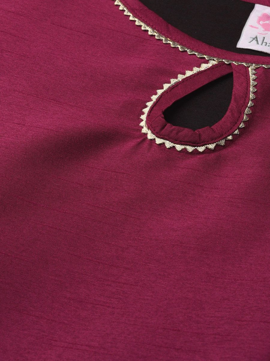 Ahalyaa Magenta & Grey Solid Anarkali Kurta with Palazzos & Floral Dupatta | Swadesiicart