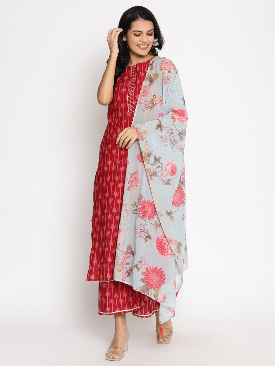Ahalyaa Cotton Printed Kurta Plazzo With Dupatta Set | Swadesiicart