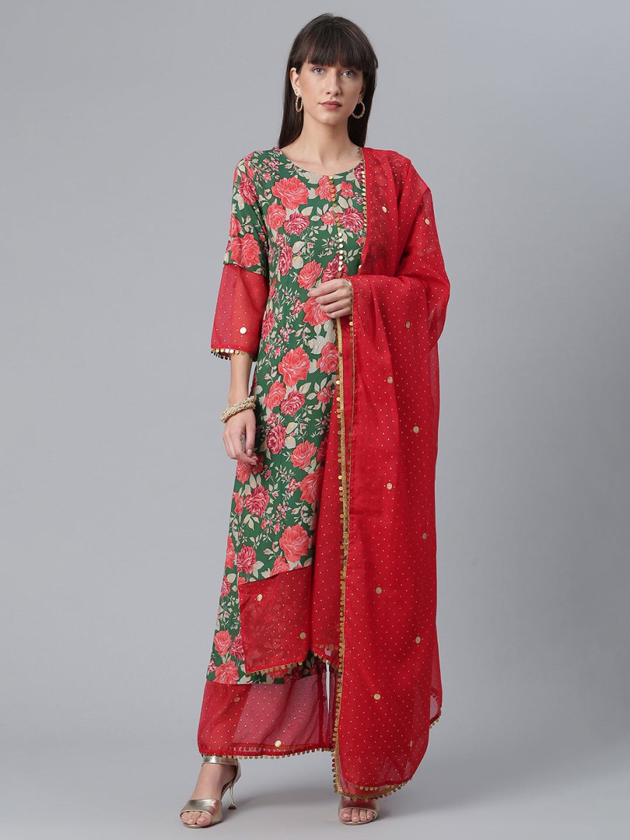 Ahalyaa Women Green Floral Printed Regular Kurta With Palazzos & Dupatta | Swadesiicart