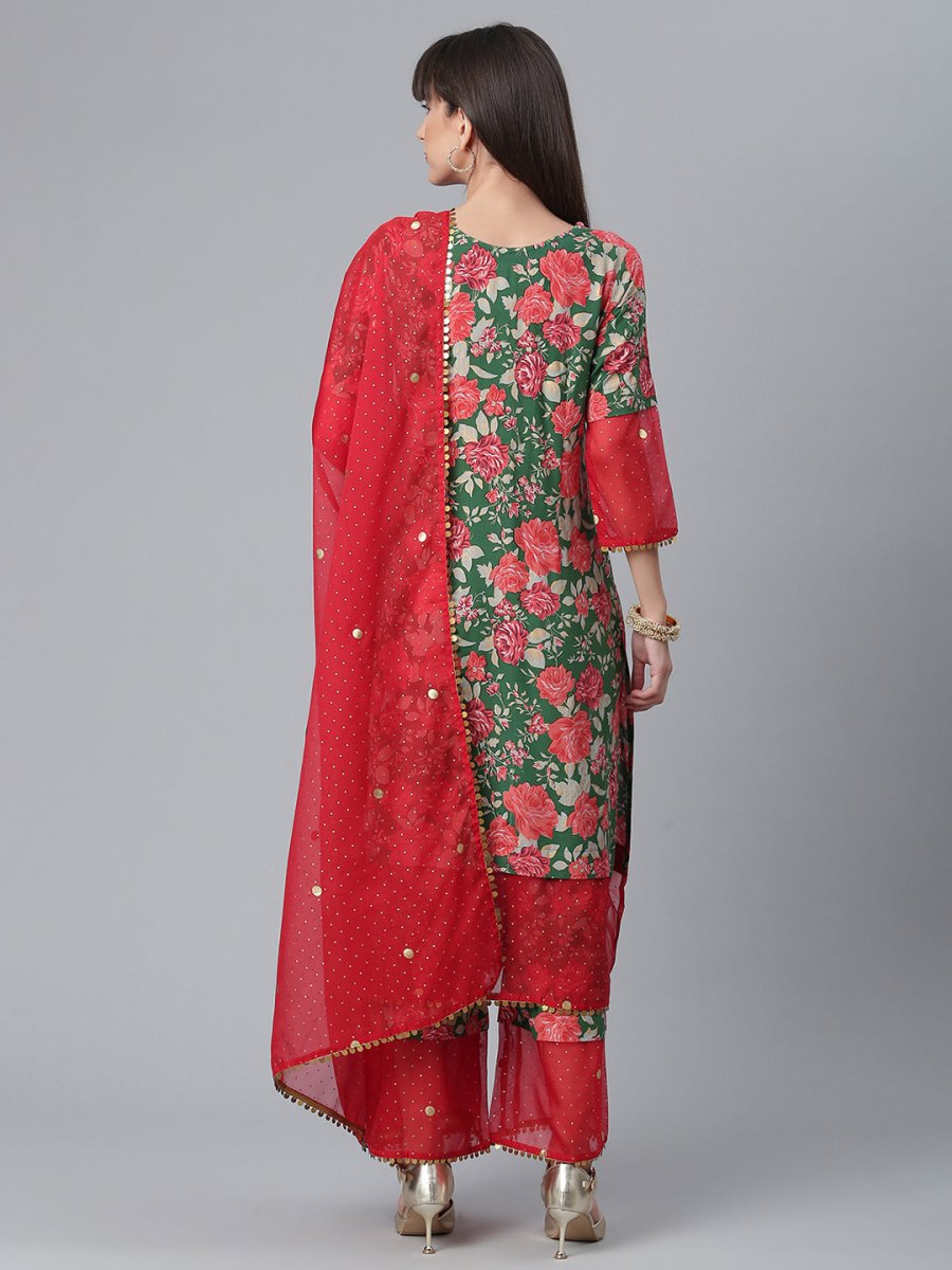 Ahalyaa Women Green Floral Printed Regular Kurta With Palazzos & Dupatta | Swadesiicart