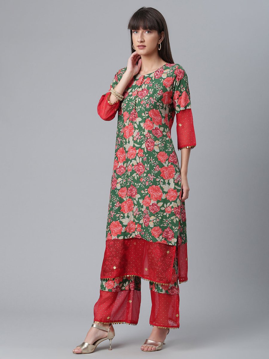 Ahalyaa Women Green Floral Printed Regular Kurta With Palazzos & Dupatta | Swadesiicart