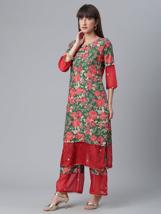 Ahalyaa Women Green Floral Printed Regular Kurta With Palazzos & Dupatta | Swadesiicart
