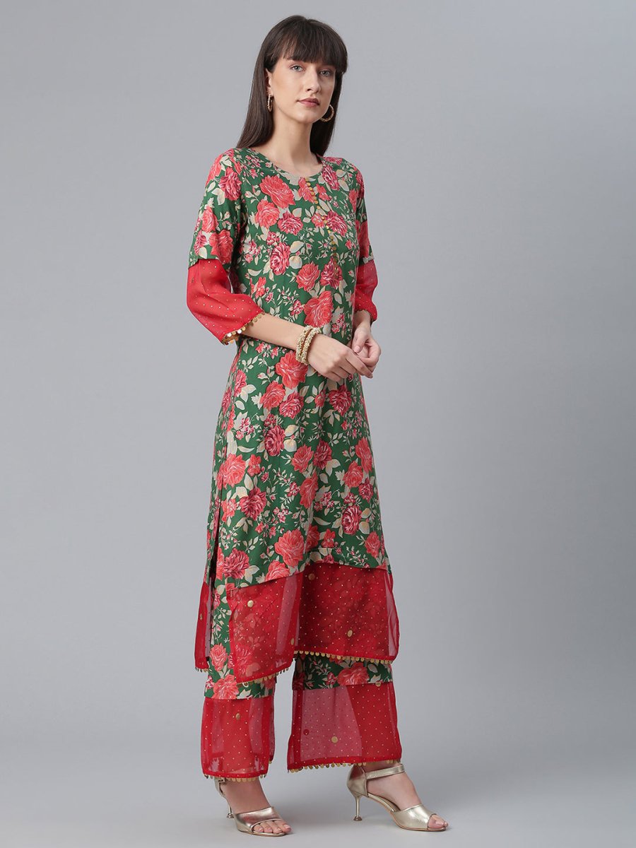 Ahalyaa Women Green Floral Printed Regular Kurta With Palazzos & Dupatta | Swadesiicart