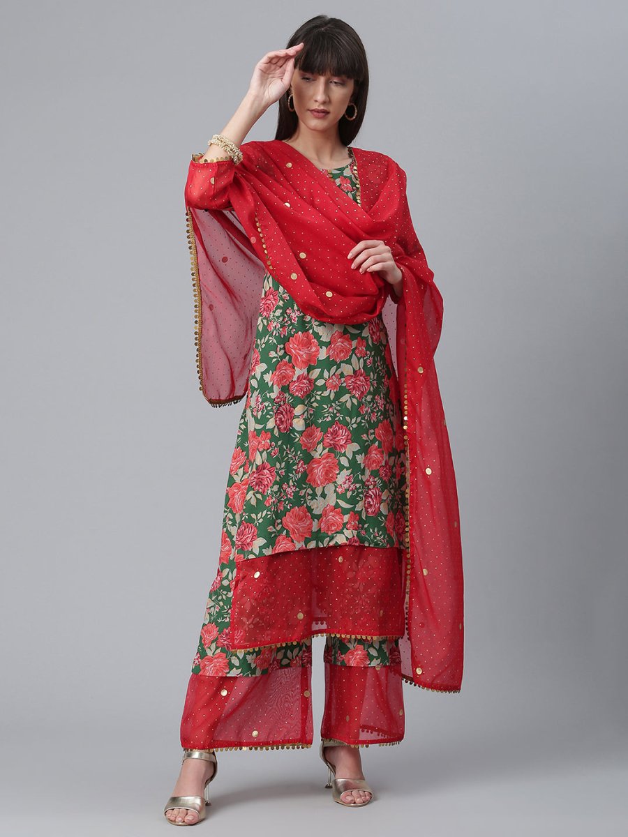 Ahalyaa Women Green Floral Printed Regular Kurta With Palazzos & Dupatta | Swadesiicart