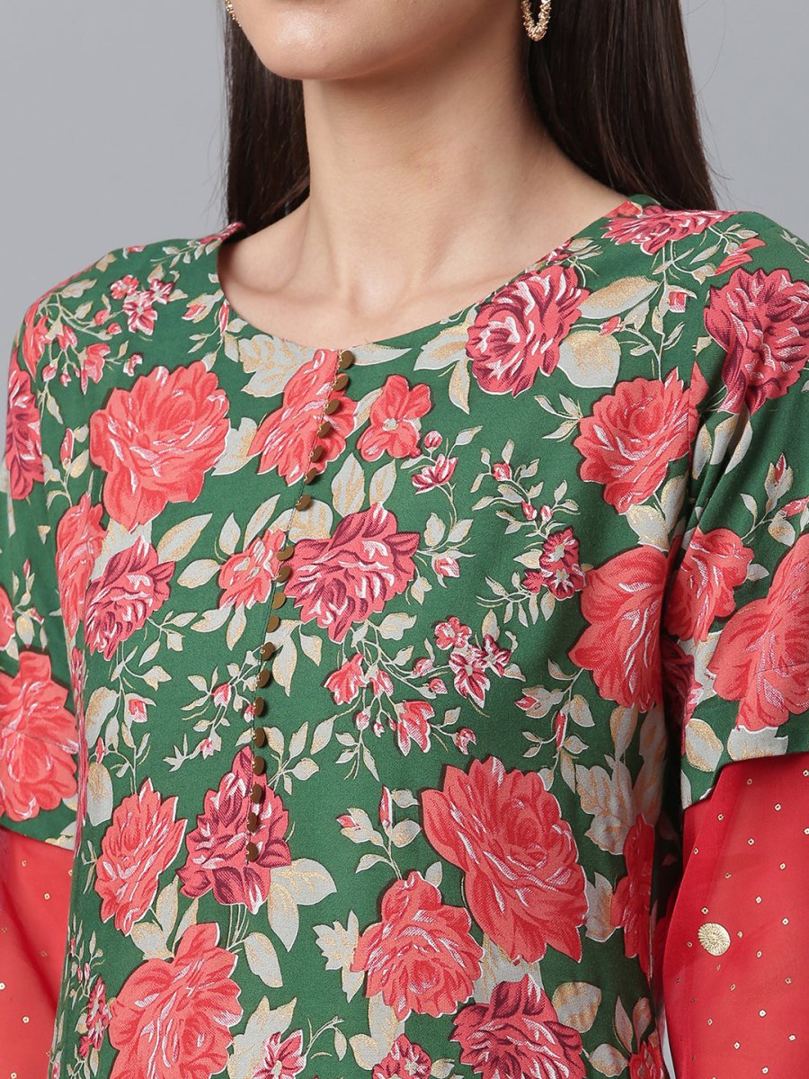 Ahalyaa Women Green Floral Printed Regular Kurta With Palazzos & Dupatta | Swadesiicart