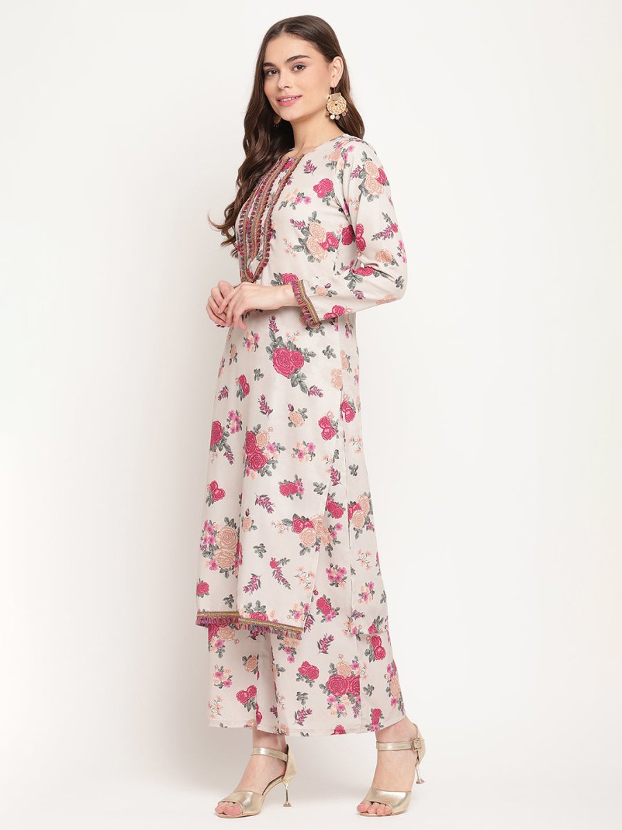 Ahalyaa Floral Printed Round Neck Floral Crepe Straight Kurta | Swadesiicart