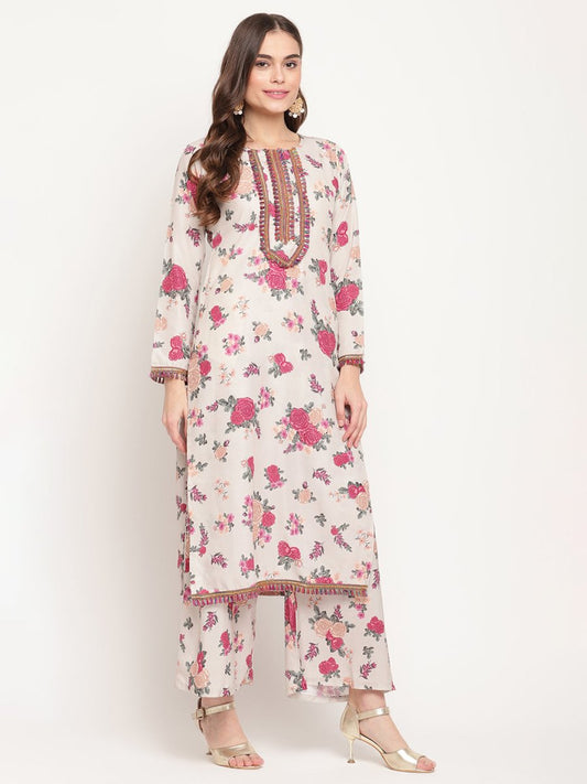 Ahalyaa Floral Printed Round Neck Floral Crepe Straight Kurta | Swadesiicart