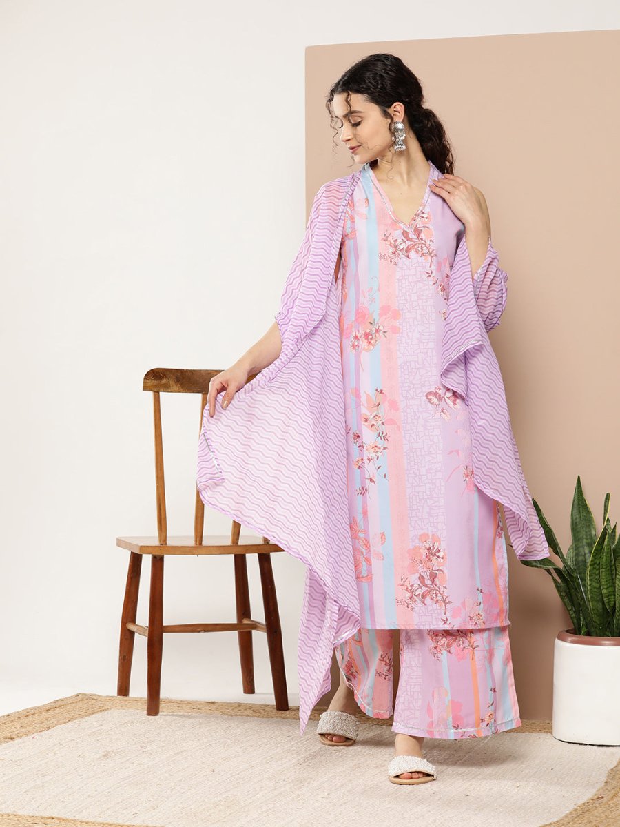 Ahalyaa Women Lavender Floral Printed Gotta Patti Kurta with Palazzos & With Dupatta | Swadesiicart