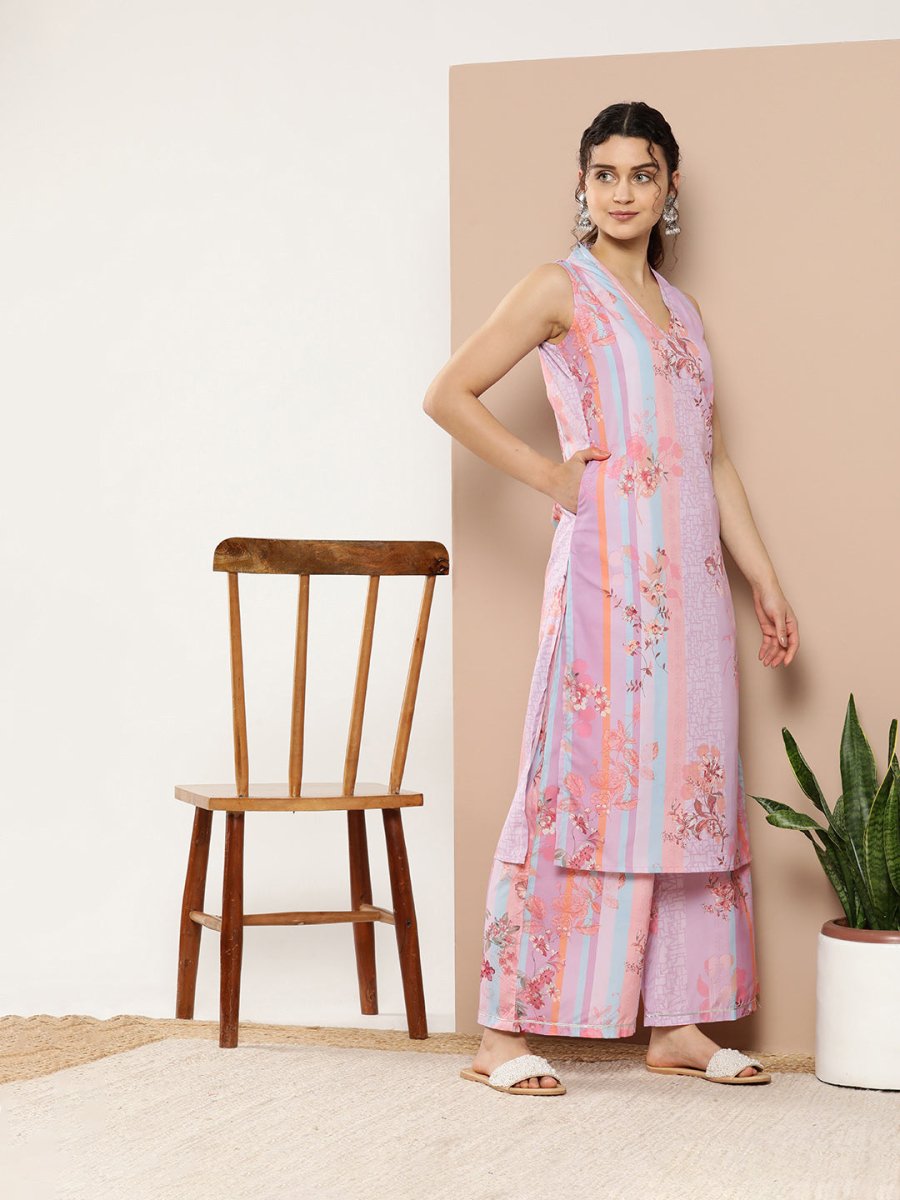 Ahalyaa Women Lavender Floral Printed Gotta Patti Kurta with Palazzos & With Dupatta | Swadesiicart
