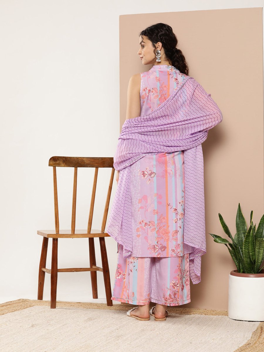 Ahalyaa Women Lavender Floral Printed Gotta Patti Kurta with Palazzos & With Dupatta | Swadesiicart