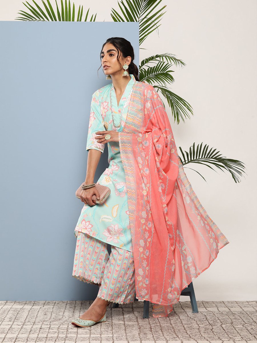 Ahalyaa Women Blue Floral Printed Gotta Patti Kurta with Palazzos & With Dupatta | Swadesiicart