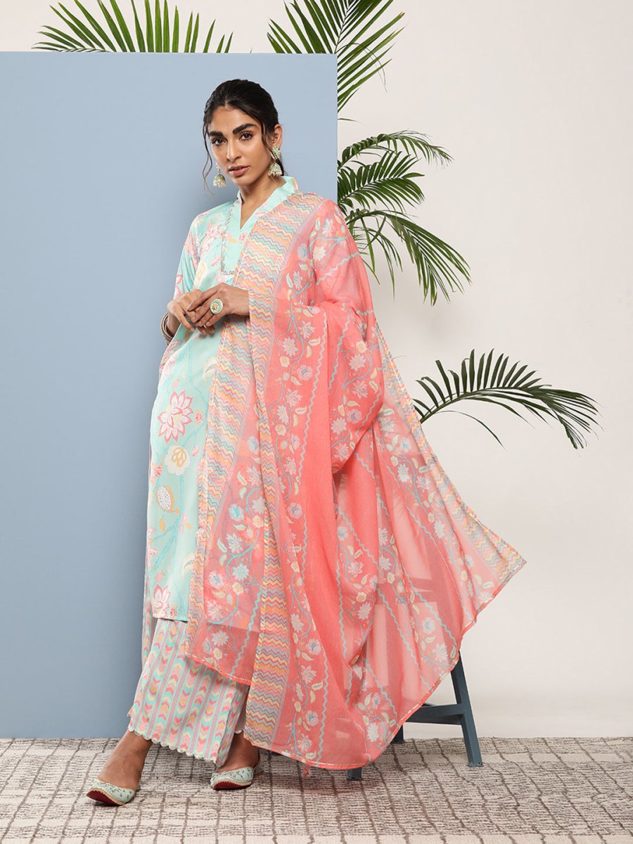 Ahalyaa Women Blue Floral Printed Gotta Patti Kurta with Palazzos & With Dupatta | Swadesiicart