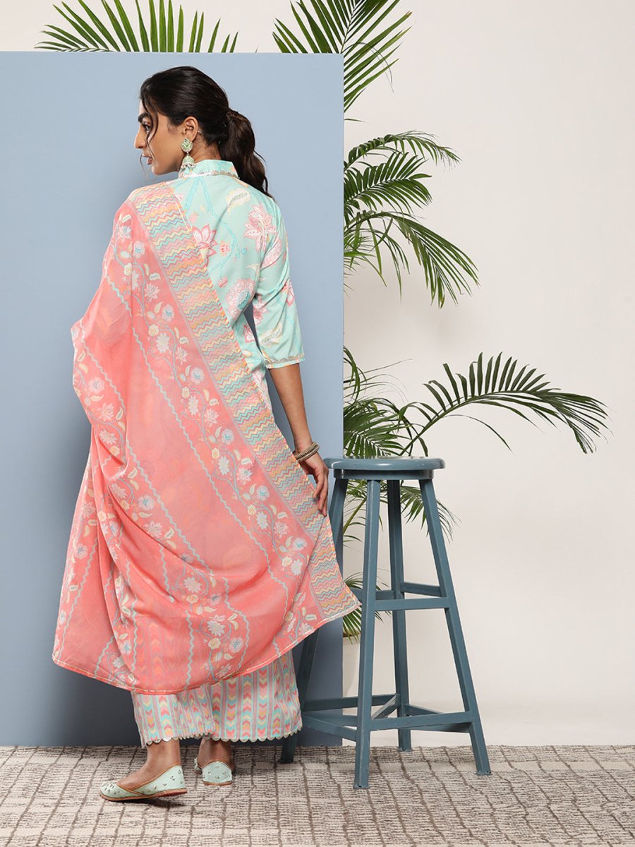 Ahalyaa Women Blue Floral Printed Gotta Patti Kurta with Palazzos & With Dupatta | Swadesiicart