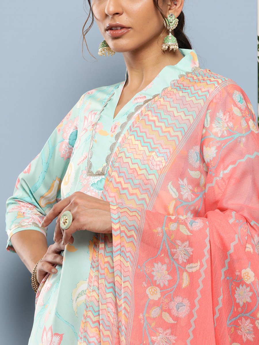 Ahalyaa Women Blue Floral Printed Gotta Patti Kurta with Palazzos & With Dupatta | Swadesiicart