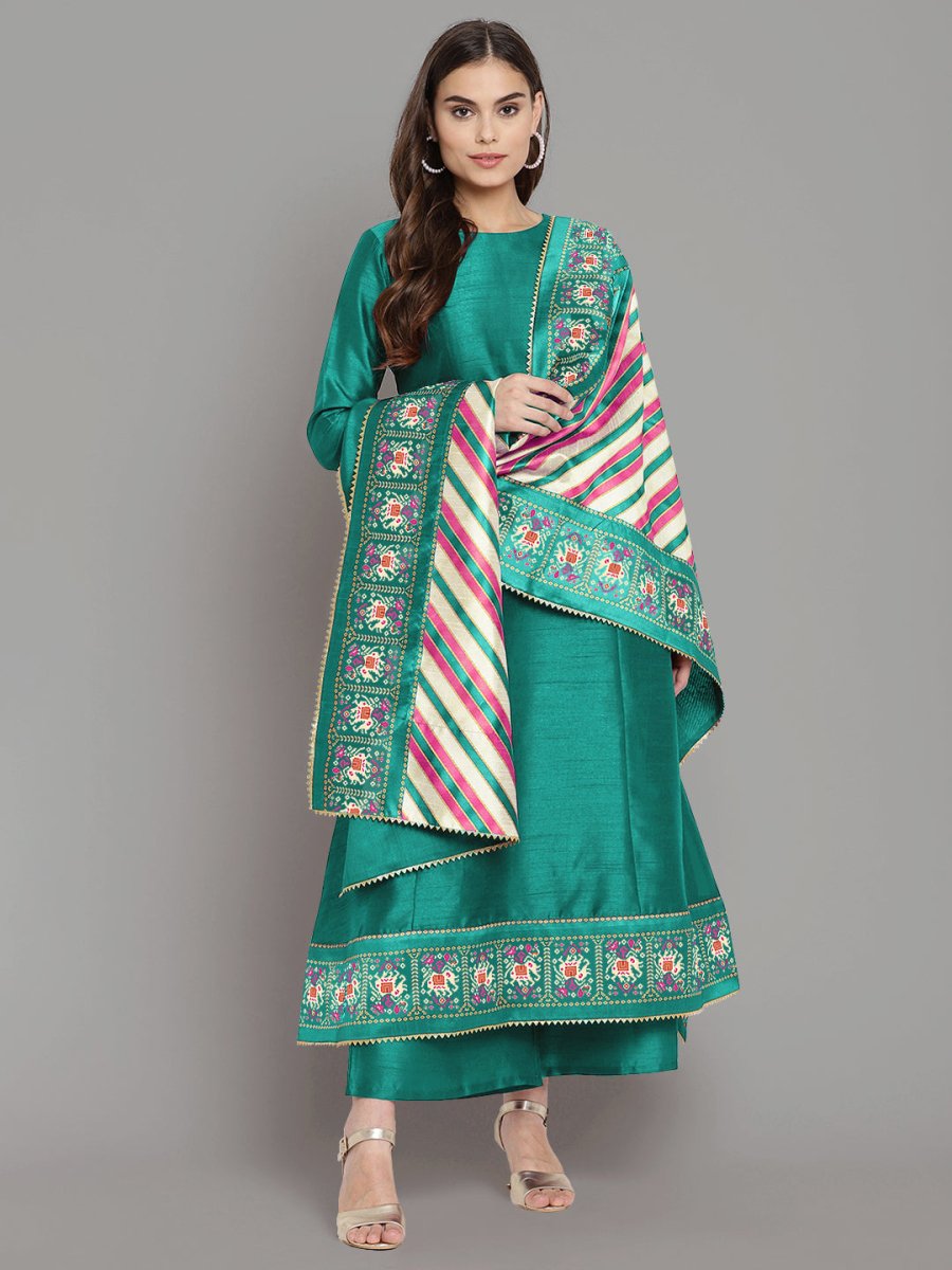 Ahalyaa Women Sea Green Printed Gotta Patti Kurti with Palazzos & Dupatta | Swadesiicart