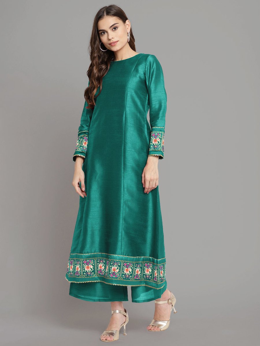 Ahalyaa Women Sea Green Printed Gotta Patti Kurti with Palazzos & Dupatta | Swadesiicart