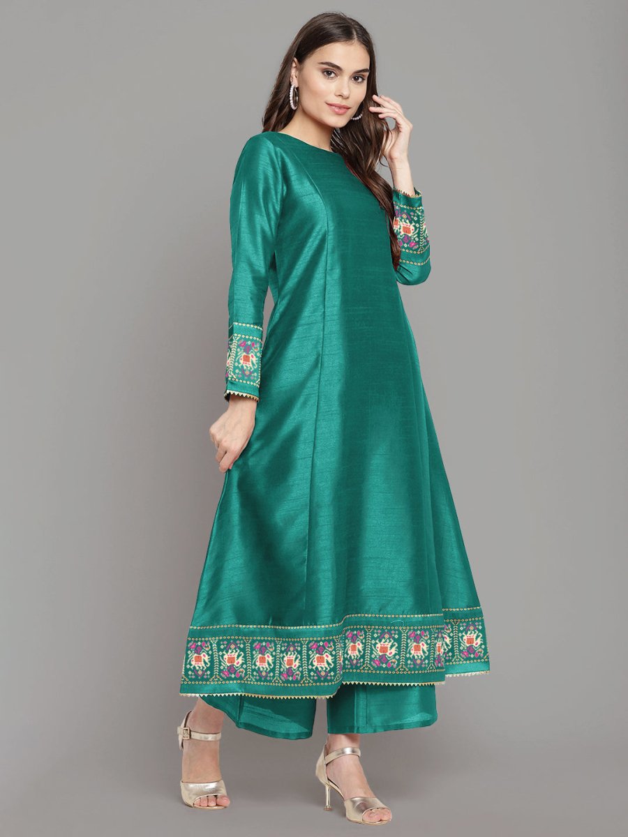 Ahalyaa Women Sea Green Printed Gotta Patti Kurti with Palazzos & Dupatta | Swadesiicart