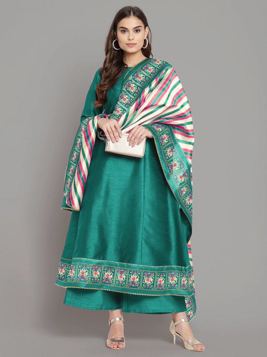 Ahalyaa Women Sea Green Printed Gotta Patti Kurti with Palazzos & Dupatta | Swadesiicart