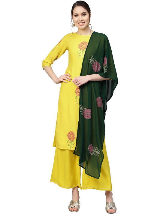 Ahalyaa Yellow Viscose Rayon Straight Kurta Set | Swadesiicart