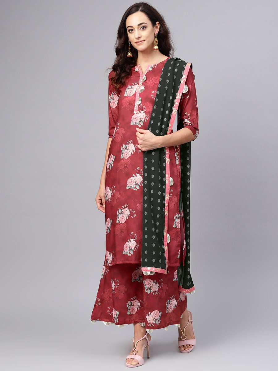Ahalyaa Women Maroon Printed Kurta with Palazzo & Dupatta | Swadesiicart