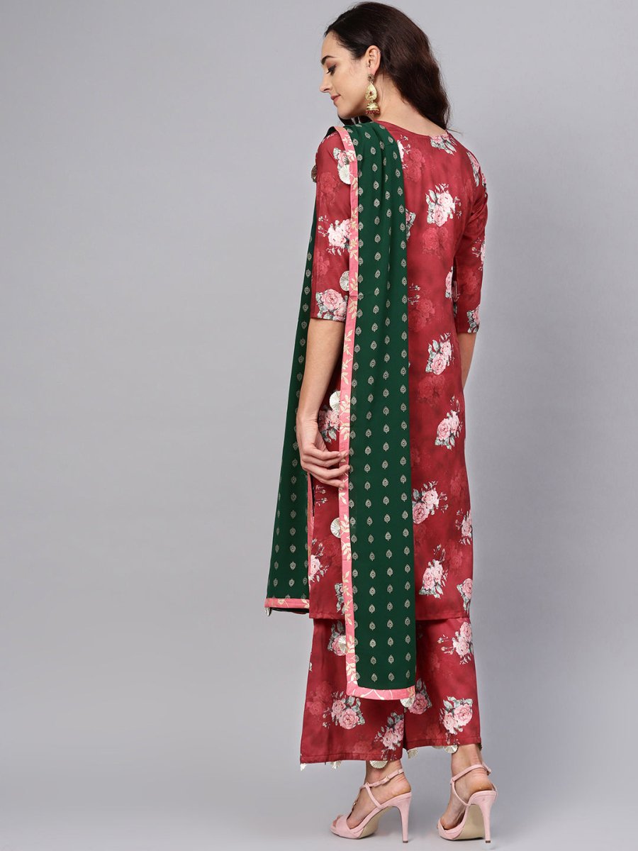 Ahalyaa Women Maroon Printed Kurta with Palazzo & Dupatta | Swadesiicart