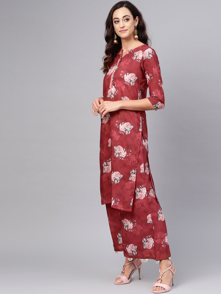 Ahalyaa Women Maroon Printed Kurta with Palazzo & Dupatta | Swadesiicart