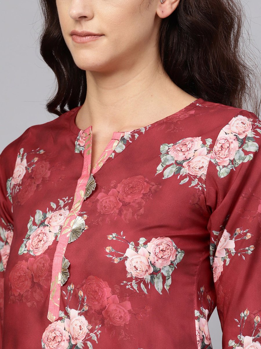 Ahalyaa Women Maroon Printed Kurta with Palazzo & Dupatta | Swadesiicart