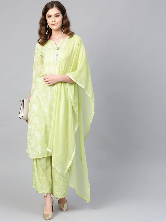 Ahalyaa Women Green & White Printed Kurta with Palazzos & Dupatta | Swadesiicart