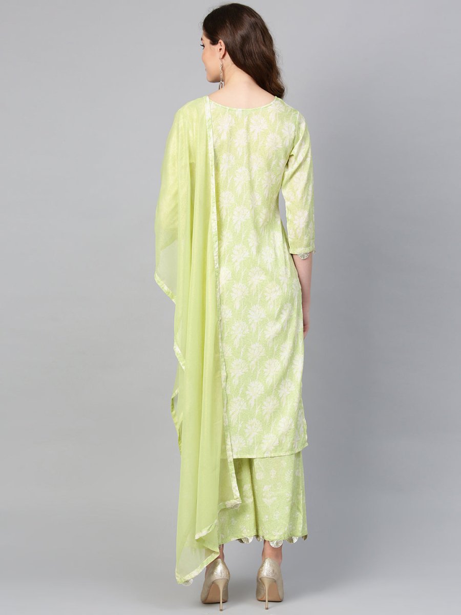Ahalyaa Women Green & White Printed Kurta with Palazzos & Dupatta | Swadesiicart