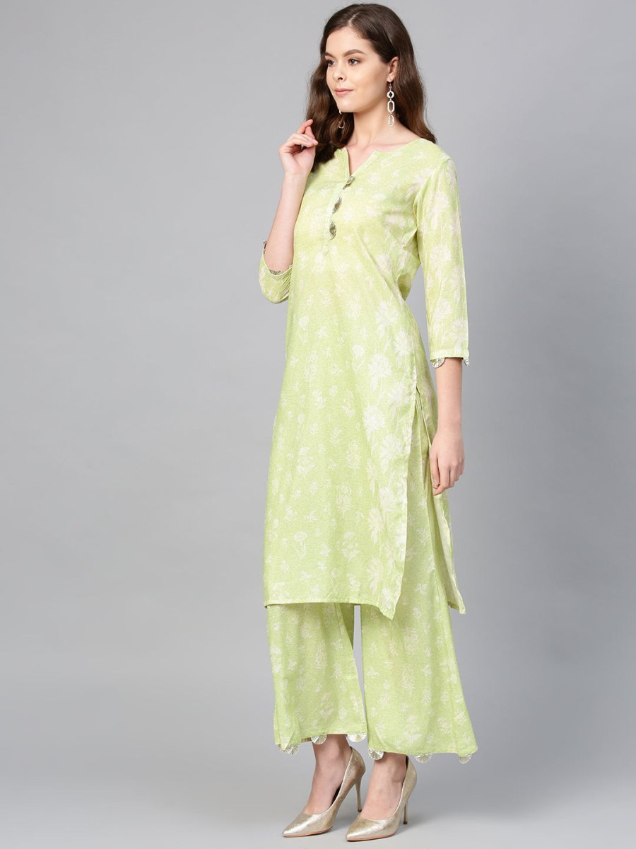 Ahalyaa Women Green & White Printed Kurta with Palazzos & Dupatta | Swadesiicart