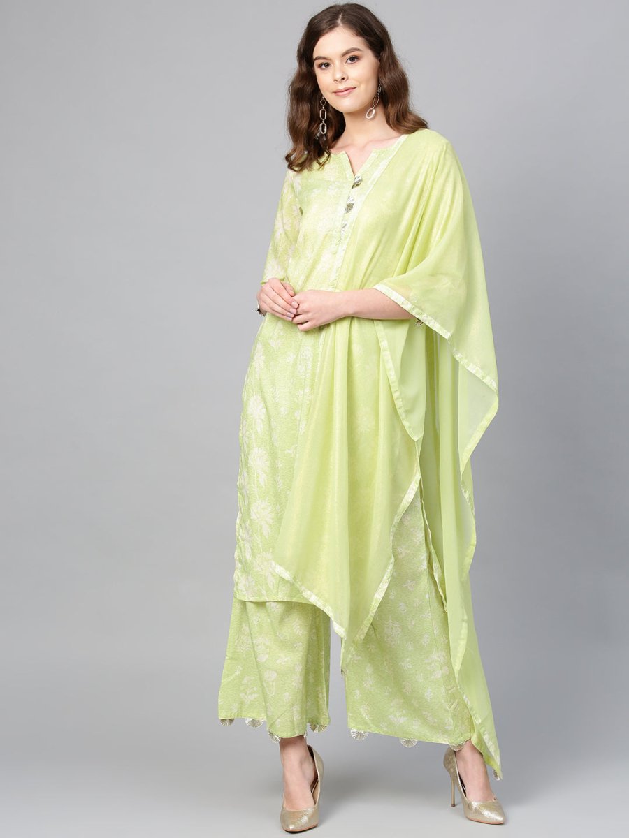 Ahalyaa Women Green & White Printed Kurta with Palazzos & Dupatta | Swadesiicart