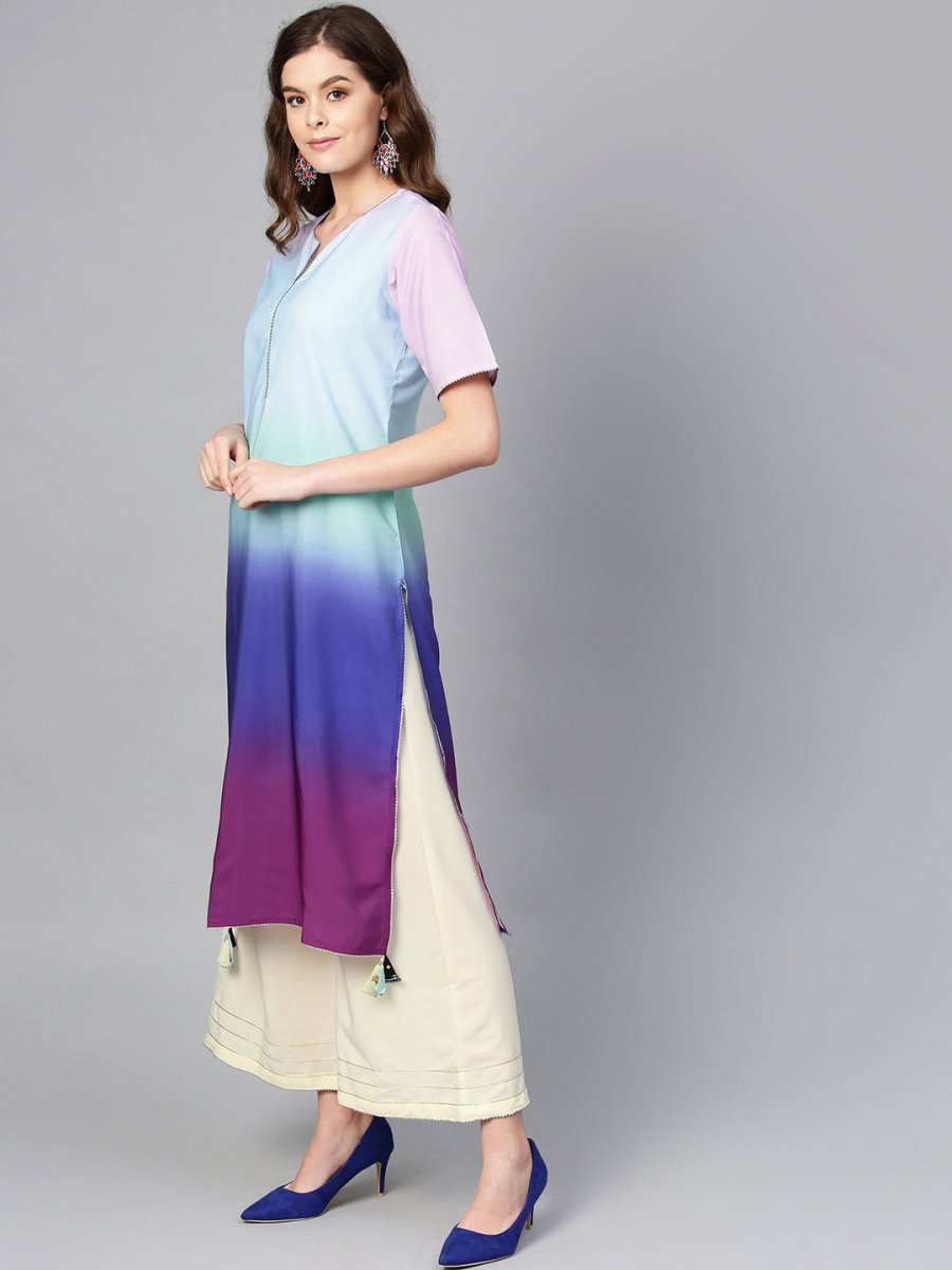 Ahalyaa Women Blue & Off-White Dyed Kurta with Palazzos & Dupatta | Swadesiicart