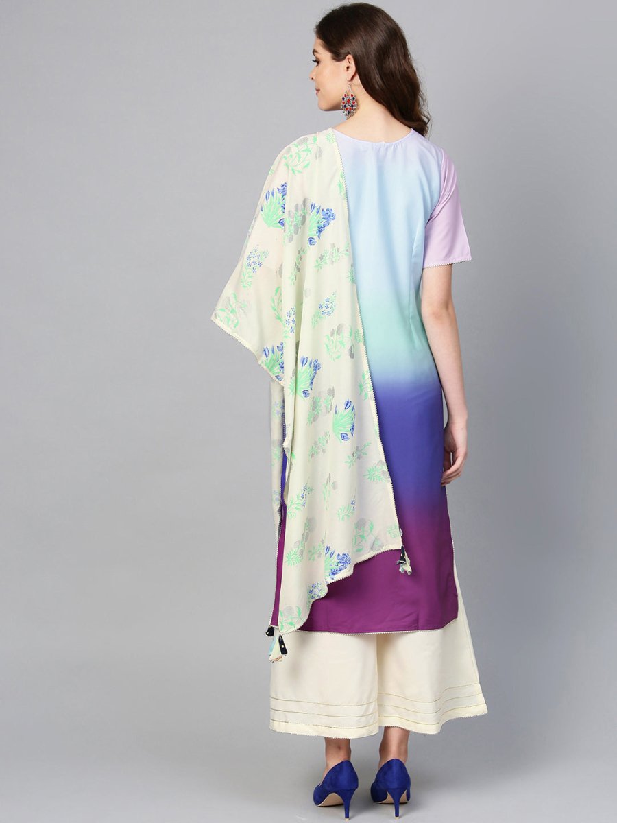 Ahalyaa Women Blue & Off-White Dyed Kurta with Palazzos & Dupatta | Swadesiicart