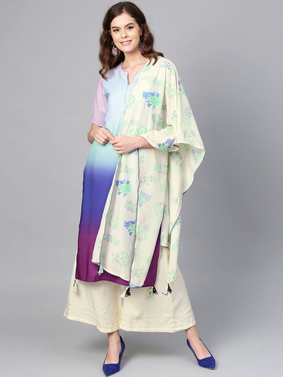 Ahalyaa Women Blue & Off-White Dyed Kurta with Palazzos & Dupatta | Swadesiicart