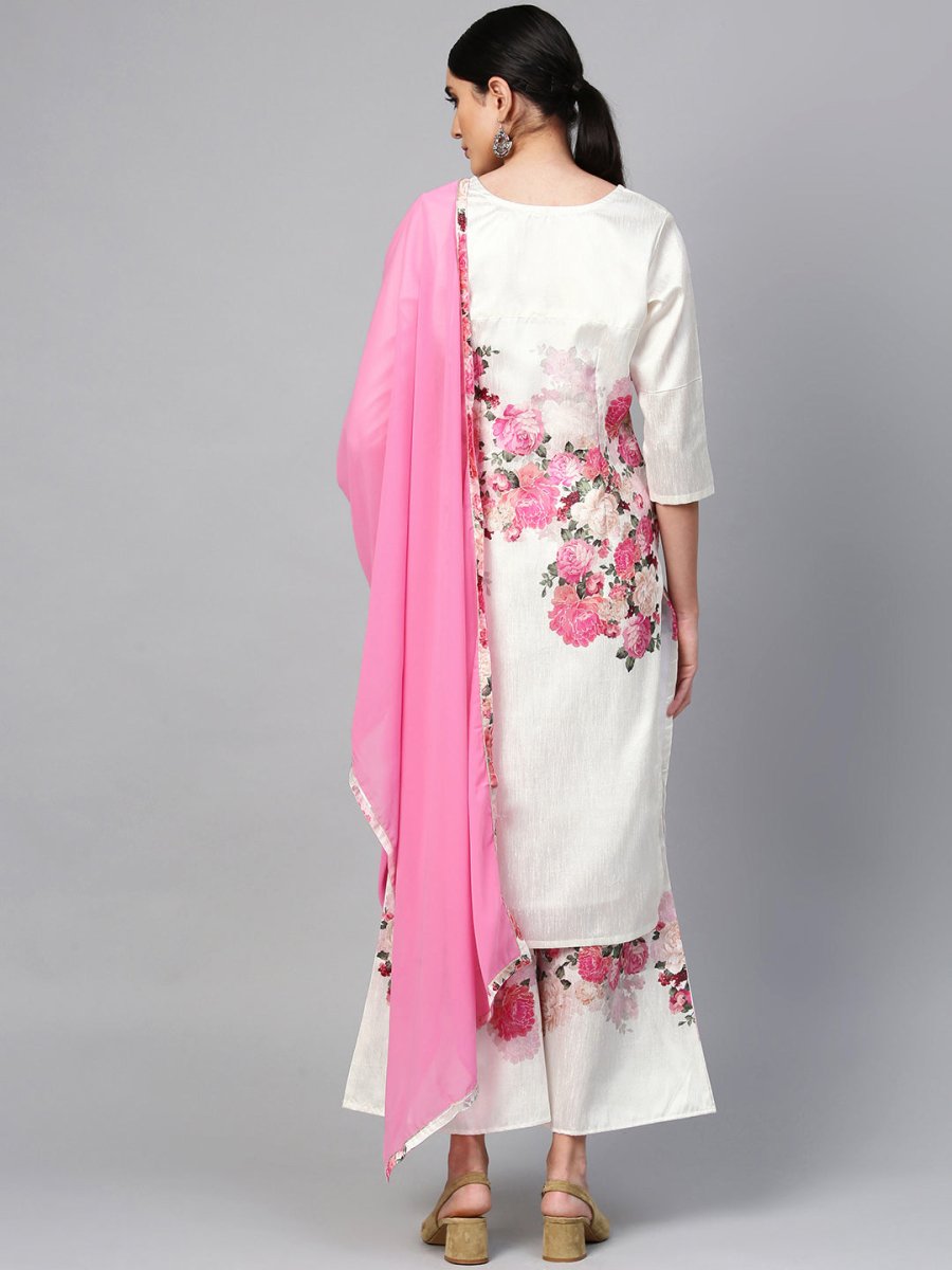 Ahalyaa Women Off-White & Pink Printed Kurta with Palazzos & Dupatta | Swadesiicart