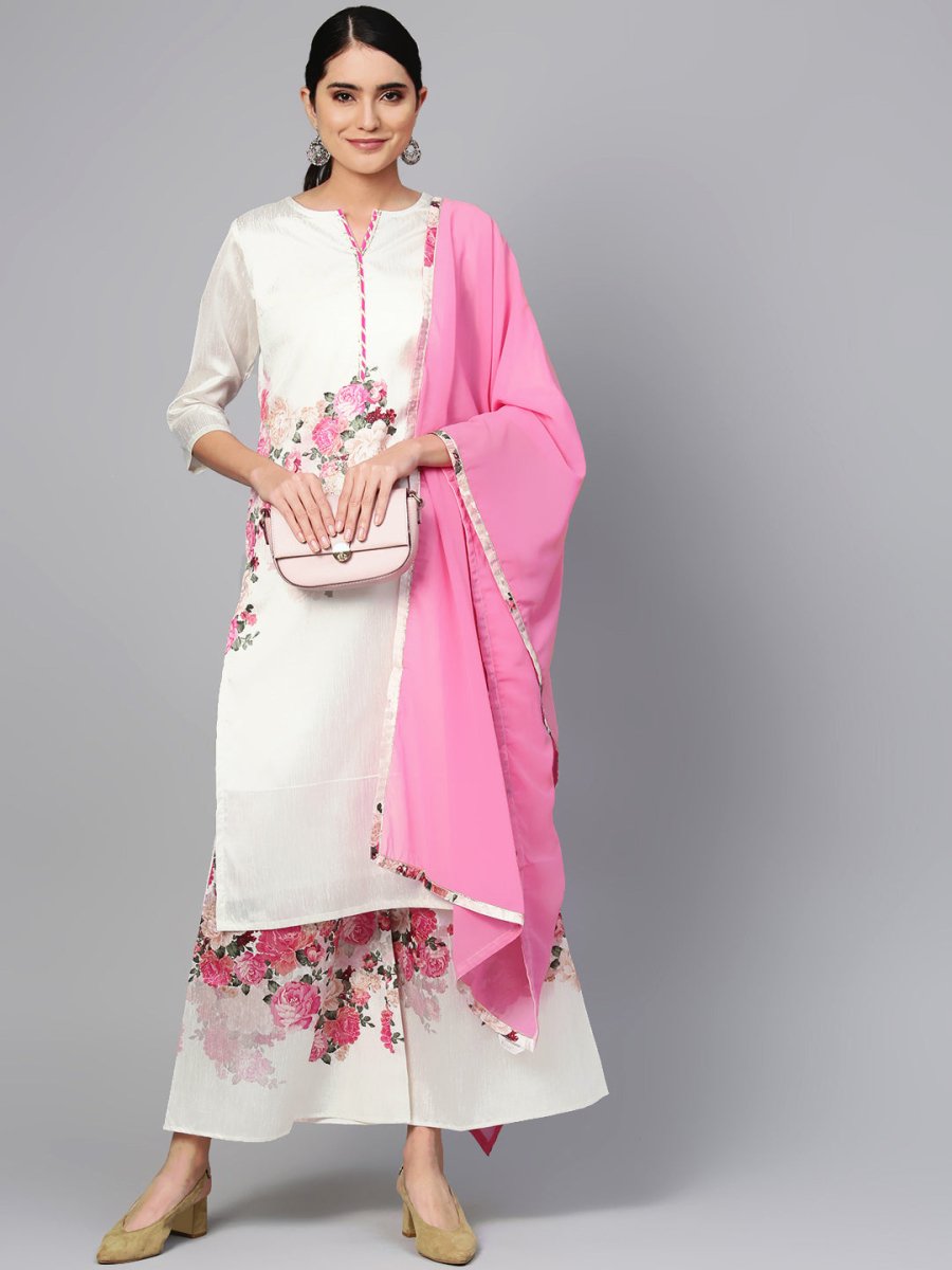 Ahalyaa Women Off-White & Pink Printed Kurta with Palazzos & Dupatta | Swadesiicart