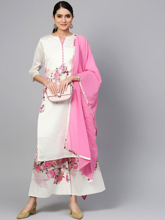 Ahalyaa Women Off-White & Pink Printed Kurta with Palazzos & Dupatta | Swadesiicart