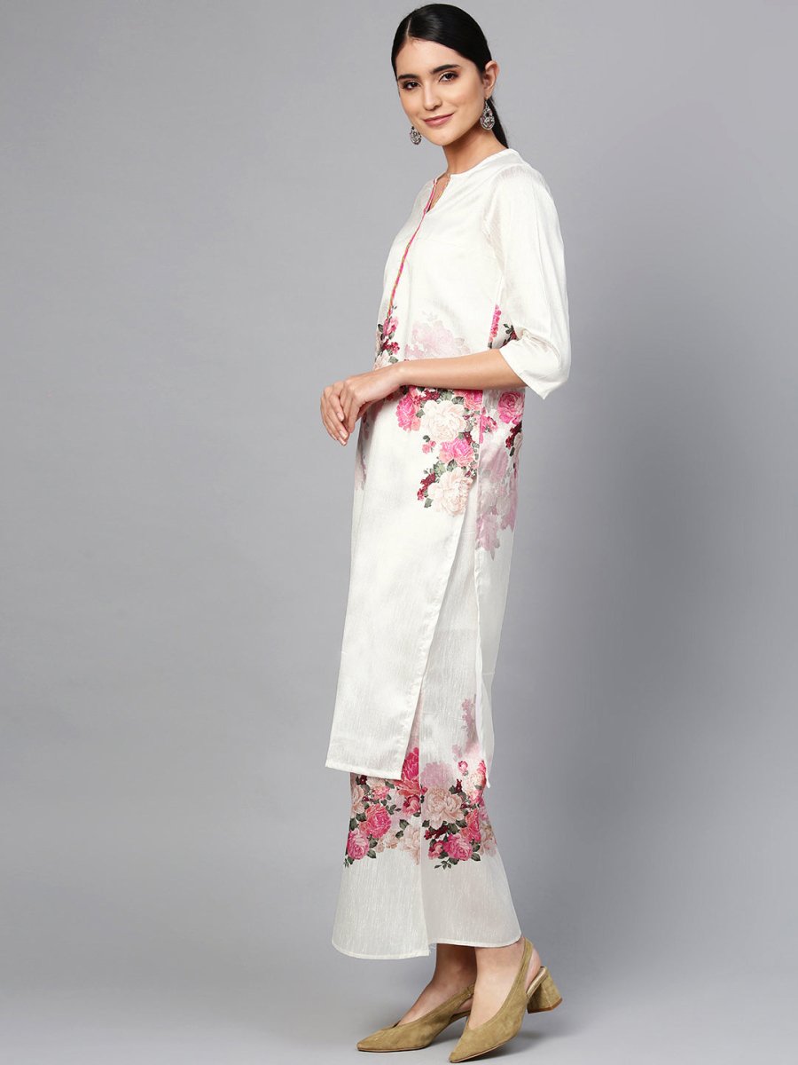 Ahalyaa Women Off-White & Pink Printed Kurta with Palazzos & Dupatta | Swadesiicart
